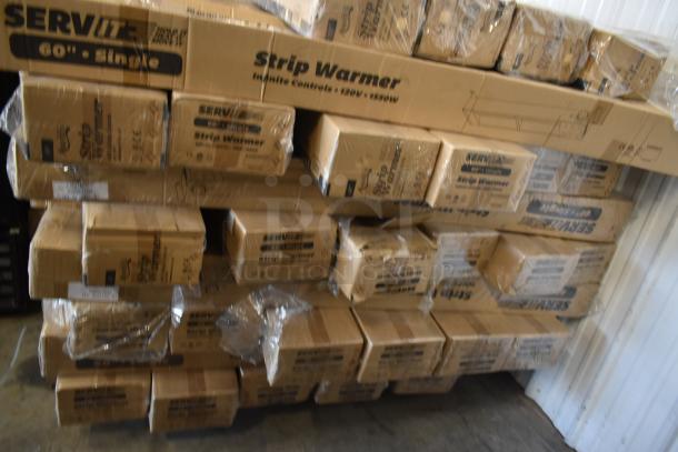 Boxes of SERVIt Strip Warmers, 60-inch single model, with infinite controls. New, sealed in original packaging.