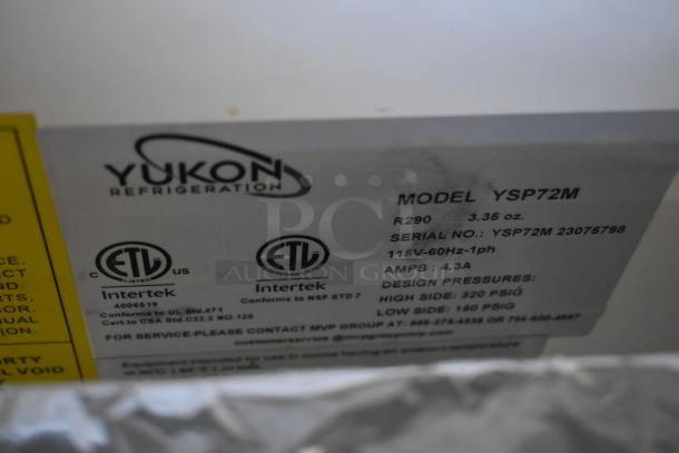 Yukon Refrigeration model YSP72M label; 3.35 oz R290, serial YSP72M 23075798, 115V, 4.3A, ETL certified by Intertek.