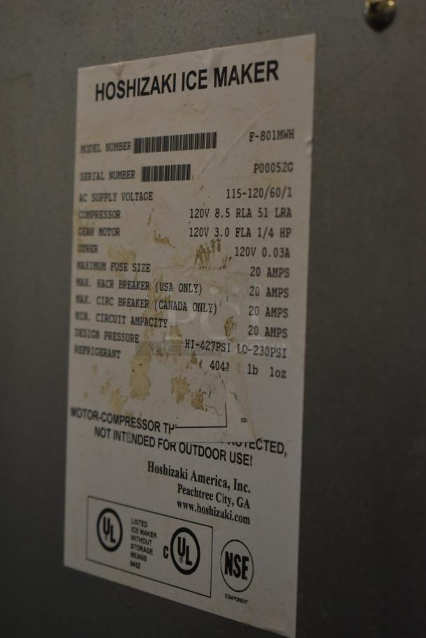 Hoshizaki ice maker label, model F-801MWH, details power, voltage, compressor info, and usage. UL and NSE certified.