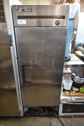 True commercial stainless steel freezer, model GDM, upright design, minor wear, auction lot tag 283.