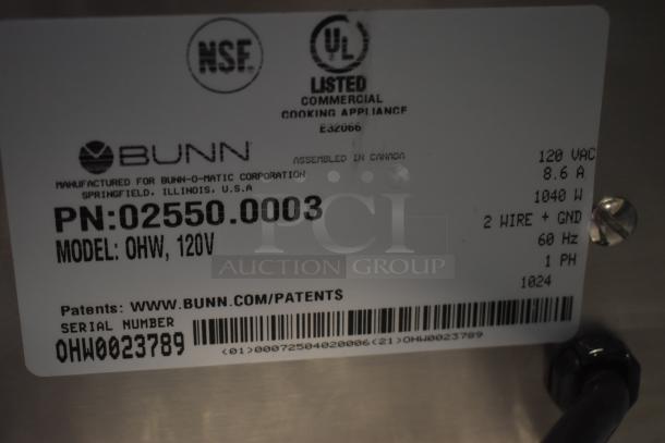 Bunn commercial cooking appliance label showing model OHW, 120V, PN: 02550.0003, assembled in Canada, UL and NSF certified.