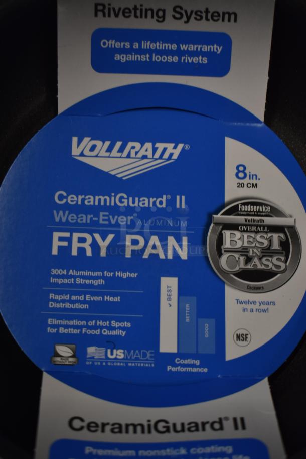 Vollrath CeramiGuard II Wear-Ever 8-inch aluminum fry pan, lifetime warranty, NSF certified, "Best in Class" award.