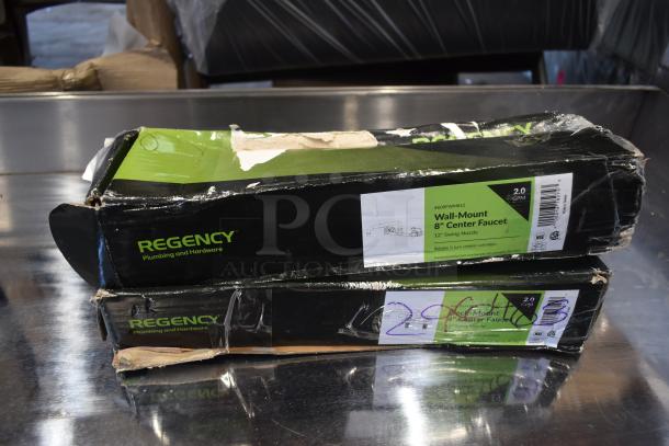 Regency Wall-Mount 8" Center Faucet, 12" Swing Nozzle, 2.0 GPM, new in damaged box with product labels visible.