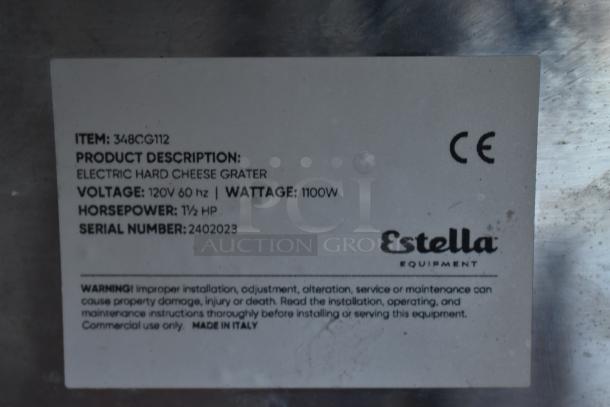 Label of Estella electric hard cheese grater, model 348CG112, 120V, 1100W, 1.5 HP, serial 2402023, made in Italy.