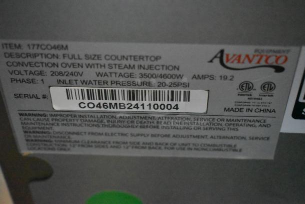 Label on Avancito countertop convection oven with steam injection. Voltage 208/240V, 3500/4600W, serial CO46MB24110004. Made in China.