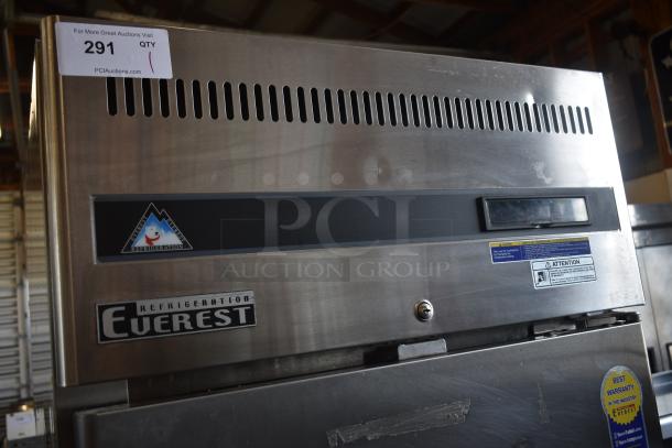 Everest commercial refrigerator in stainless steel. Model features vented top, visible labels, and warranty sticker. Item No. 291.