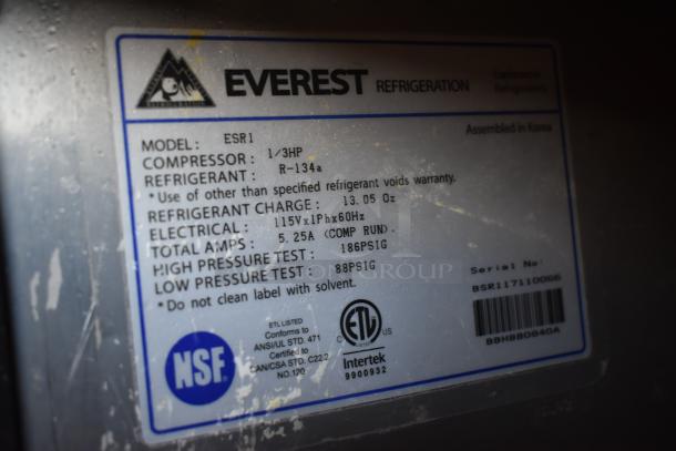 Everest Refrigeration label showing model ESR1, 1/3 HP compressor, R-134a refrigerant, manufactured in Korea, NSF and ETL listed.