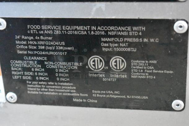 Label on food service equipment, model HKN-XRFG24O4/US, 24" range, natural gas, 150,000 BTU, ETL listed, made in China.