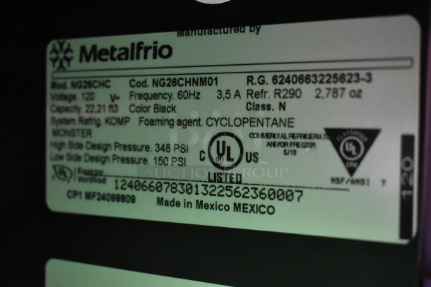 Metalfrio refrigerator label showing model NG26CHC, 120V, 22.21 ft³ capacity, R290 refrigerant, made in Mexico.