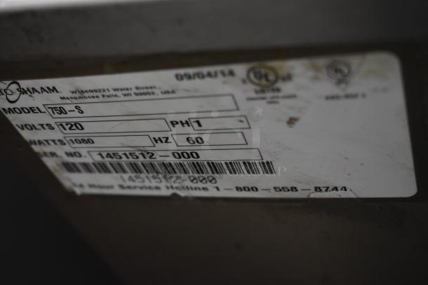 Label on Alto-Shaam Model 750-S, 120 volts, 1080 watts, serial number 1451512-000, used condition.