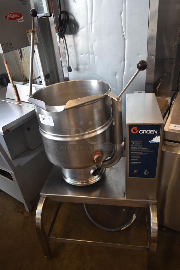 Groen commercial stainless steel tilt skillet with control panel, model tag visible. Excellent condition, industrial kitchen equipment.