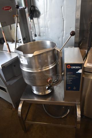 Groen commercial stainless steel tilt skillet with control panel, model tag visible. Excellent condition, industrial kitchen equipment.