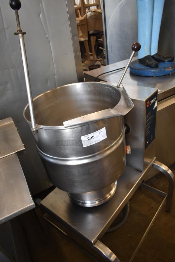 Groen commercial stainless steel steam kettle, model label visible, with sturdy lever and base, auction lot 298, in good condition.