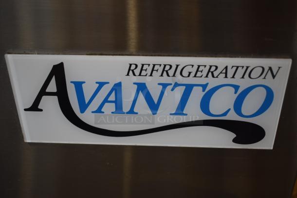 Avantco stainless steel refrigerator with branding label; blue and black text on white background.