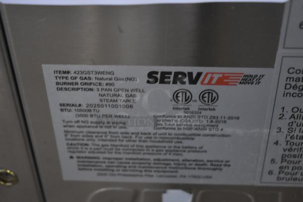 SERVIT gas steam table label, model 423GST3WENG, natural gas, 3 pan open well, burner orifice #90, 105,000 BTU, serial 2025011001006.
