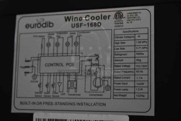 Eurodib Wine Cooler USF-168D label with specifications: R600a refrigerant, 110-120V, 60Hz, 140W power input, 103kg weight.