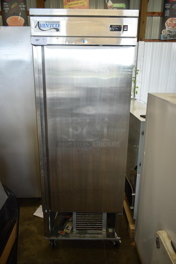 Avantco commercial refrigerator, stainless steel, single door, visible wear. Model label "307 GTY" on front.