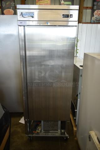 Avantco commercial refrigerator, stainless steel, single door, visible wear. Model label "307 GTY" on front.