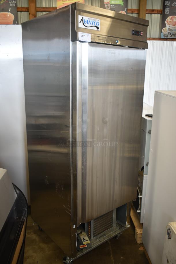 Avantco stainless steel commercial refrigerator, model unknown, in used condition with visible wear. Top label reads "307."