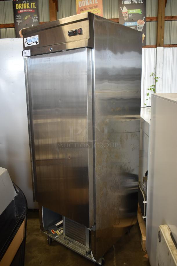 Avanti commercial refrigerator in stainless steel; single door, used condition with surface wear; model tag visible.