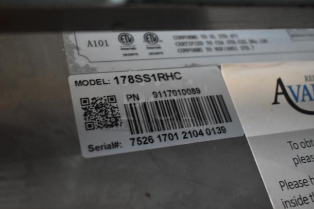 Model tag showing "MODEL: 178SS1RHC", serial number "7526 1701 2104 0139", barcode, and certification labels.