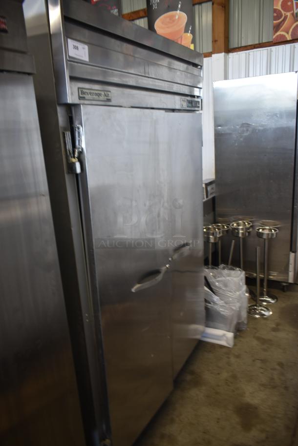 Beverage-Air stainless steel commercial refrigerator with double doors, visible brand label, in used condition.