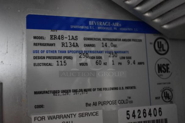 Beverage-Air commercial refrigerator label, model ER48-1AS, refrigerant R134A, charge 14 oz, UL and NSF certified.