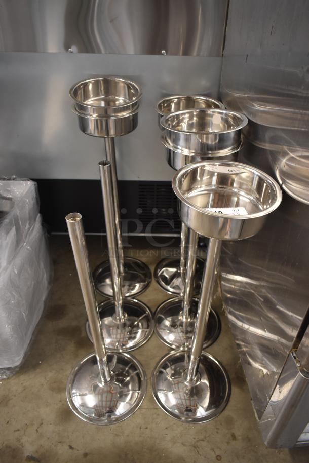 Set of stainless steel standing ashtrays, excellent condition, with round bases and removable bowls, ideal for outdoor use.