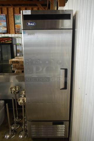 Arosa stainless steel commercial refrigerator with single door, model unknown. Visible item tag marked "311". Good condition.