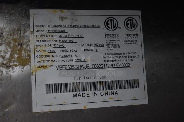 Label of bottom mount reach-in cooler, model MBF8505GR. Key details: temperature range 33-45°F, refrigerant R290, 115V, made in China, dated 2022-11.