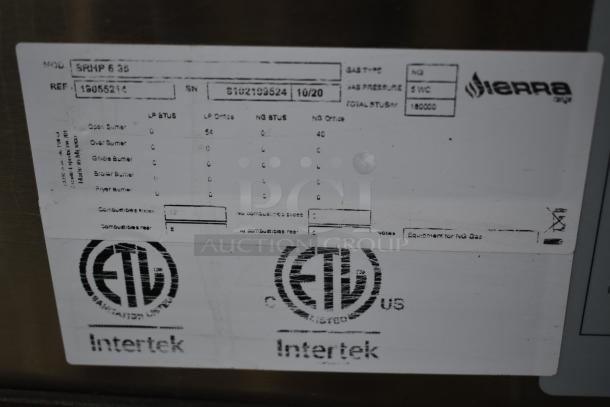 Label displaying specifications for a Sierra gas equipment model SRHP 6 36, with ETL and Intertek certifications.