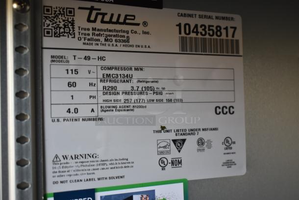 True T-49-HC refrigerator label with model, voltage, compressor details, refrigerant type, design pressures, and certifications.