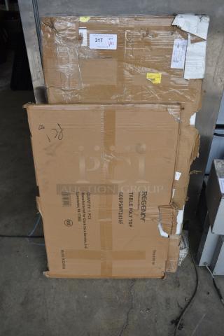 Cardboard box labeled "Regency Table Poly Top" with minor damage. Contains one unit, marked 600P SWTL2436F, NSF certified.