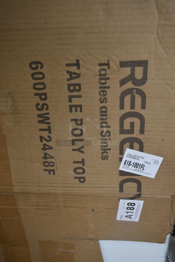 Cardboard box labeled "Regency Tables and Sinks," containing a poly top table, model 600PSWT2448F, with shipping labels visible.