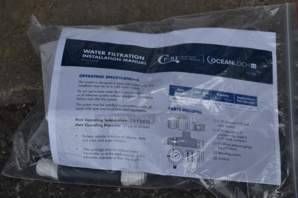 Water filtration system installation manual in a sealed bag. Labels indicate max temp 100°F, pressure 125 psi, model #7900CKITL3. Includes PVC parts and connectors.