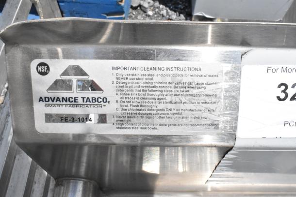 Advance Tabco stainless steel sink corner with NSF certification and cleaning instructions. Model FE-3-1014.