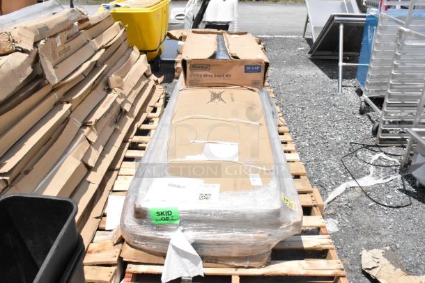 Steelton Utility Wire Shelf Kit, 24"x48", in original packaging on pallet. Box shows minor wear. “Skid 1 of 2” label visible.