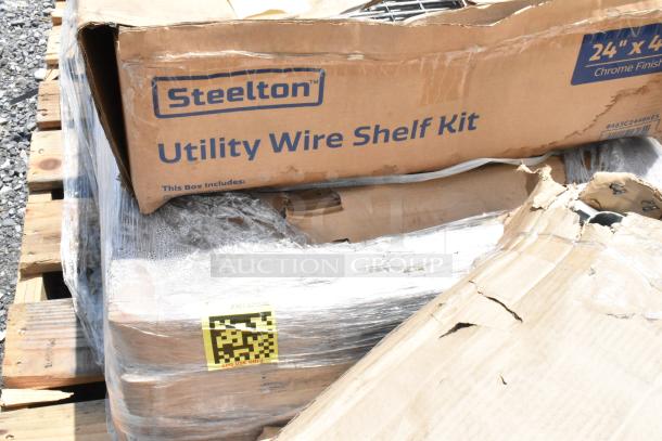 Steelton Utility Wire Shelf Kit in partially opened box, labeled "24x48 Chrome Finish," on wooden pallet, showing signs of wear.