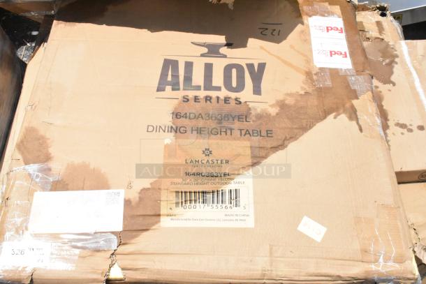 Damaged cardboard box labeled "ALLOY SERIES" dining height table by Lancaster Table Seating, 36"x36" Citrine Yellow.