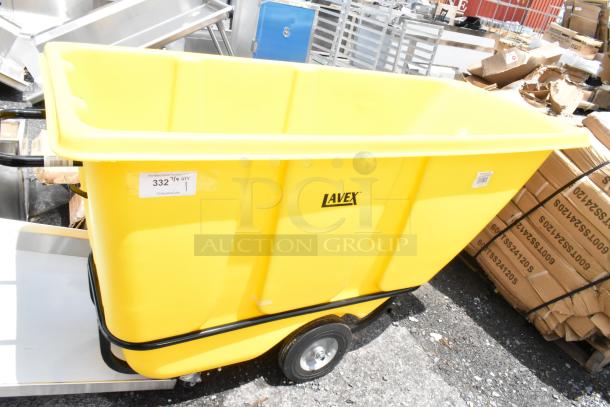 Yellow Lavex utility cart with wheels, in excellent condition. Features a capacity label and product branding.