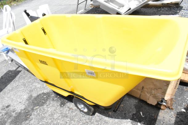 Yellow Lavex utility cart with wheels, new condition; includes barcode sticker and Lavex logo.