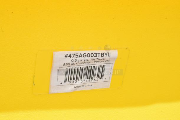 Yellow tilt truck label, model #475AG003TBYL, 0.5 cu. yd., 850 lb. capacity, barcode, made in China.