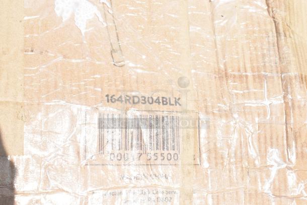 Cardboard box with barcode "000755500" and label "164RD304BLK", wrapped in plastic, showing signs of wear.