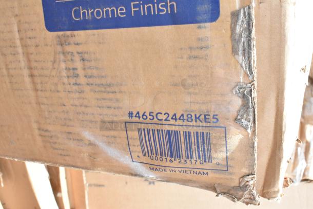 Cardboard box with chrome finish label, barcode #465C2448KE5, made in Vietnam; box shows wear and tear.