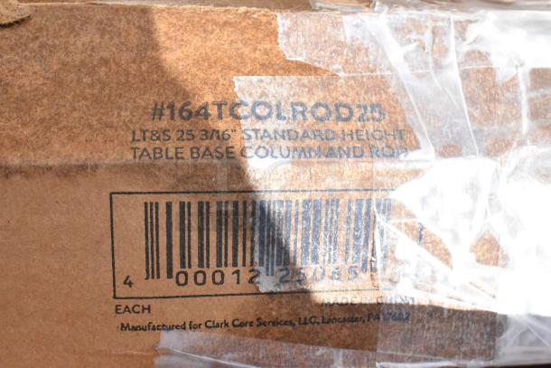 Cardboard box labeled "#164TCOLROD25 LT&S 25 3/16 Standard Height Table Base Column and Rod" with barcode.