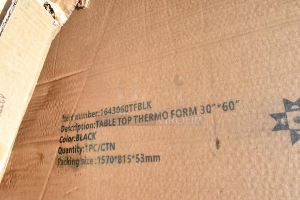 Cardboard packaging for Table Top Thermo Form, black, 30"x60", item number 1643060TFBLK, 1 piece per carton.