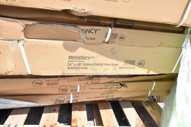 Boxes of Regency 24" x 48" Green Epoxy Wire Shelves on pallet; boxes show slight damage. Model #460EG2448, made in China.