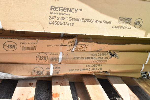 Regency 24"x48" green epoxy wire shelf, model #460EG2448, NSF certified, packaging shows wear, made in China.