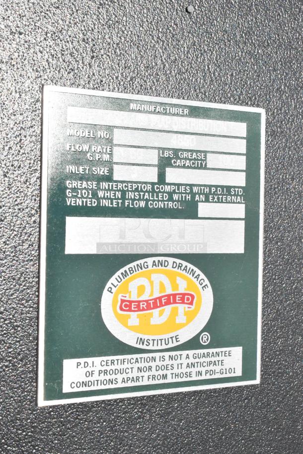 PDI certified grease interceptor label, showing model and compliance details. Green background, with certification logo.