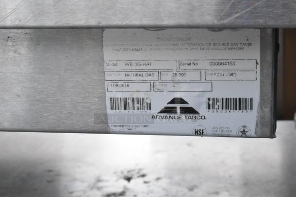 Advance Tabco label on stainless steel equipment, model WB-5G-NAT, natural gas, 25,000 BTU, serial 000064153, dated 11/18/2016.